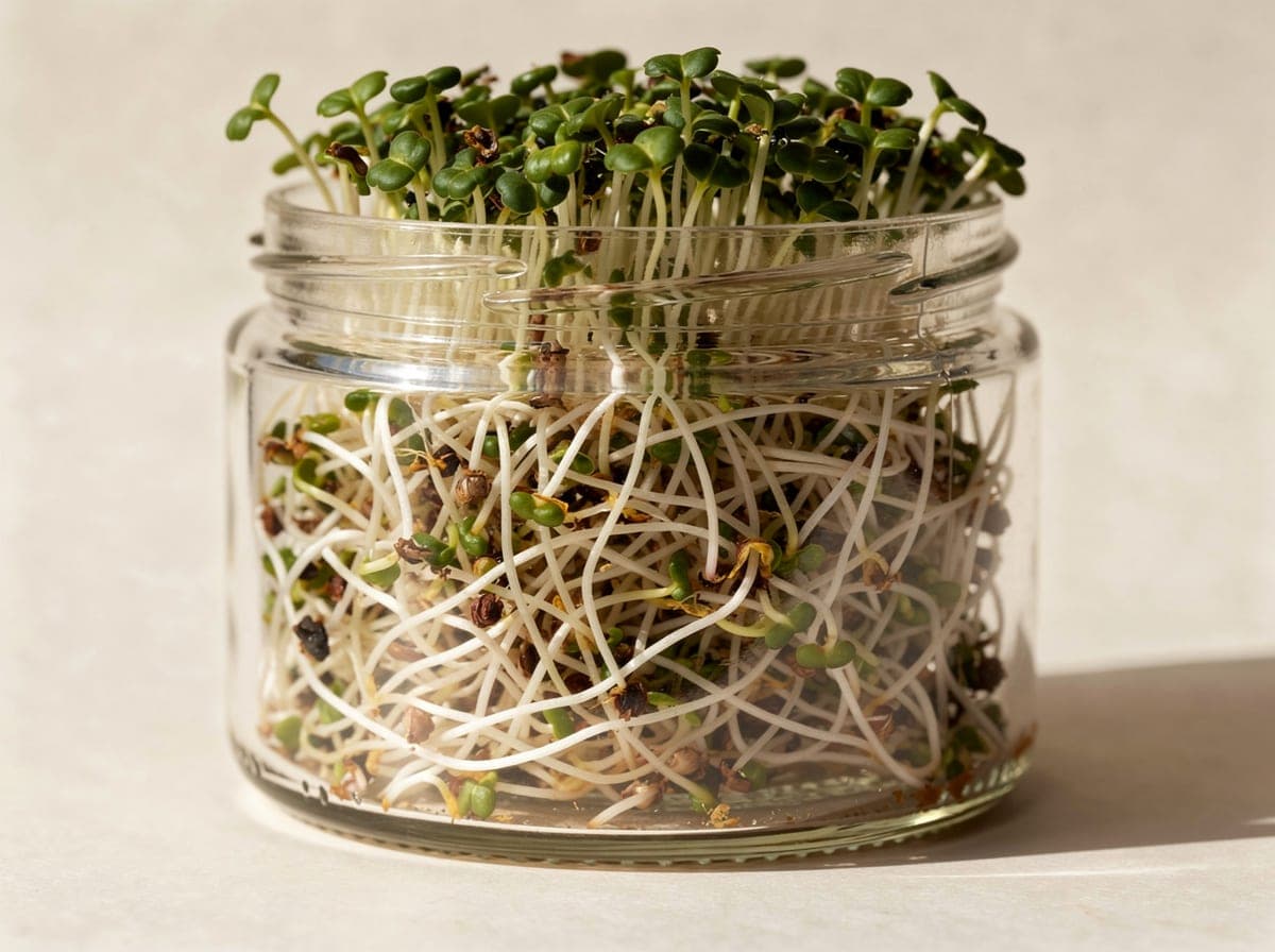 Day-five broccoli sprouts in a glass jar
