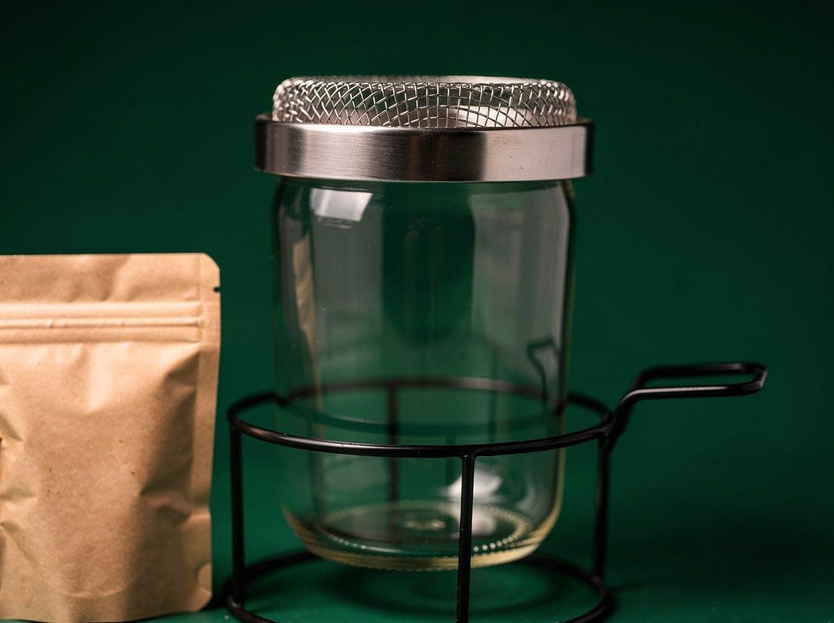 Sprouting starter kit — jar, mesh lid, stand, and seed pouch