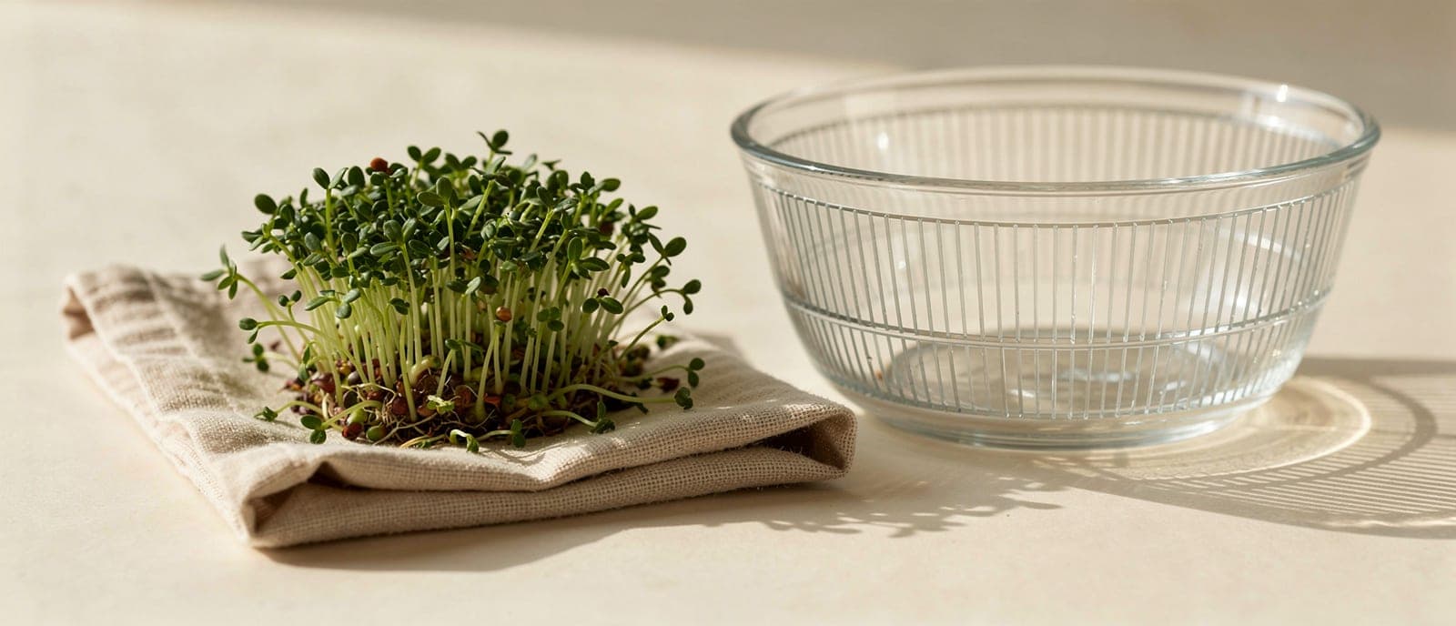 harvested sprouts on linen, salad spinner