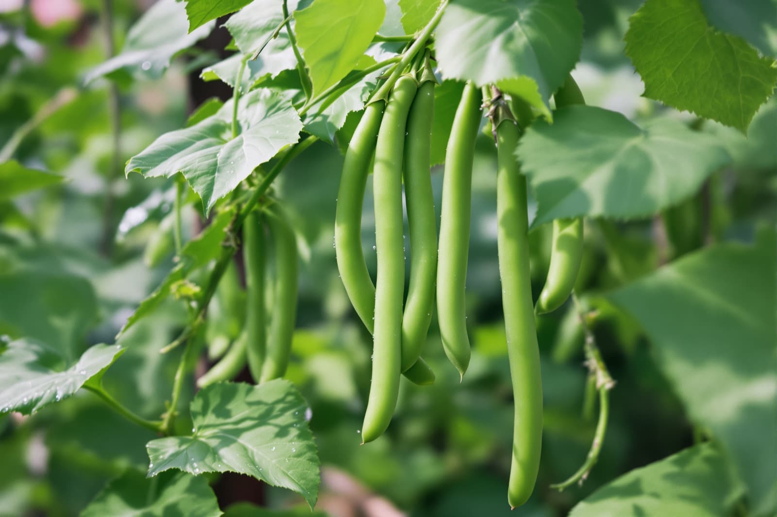 Close green bean pods on the vine