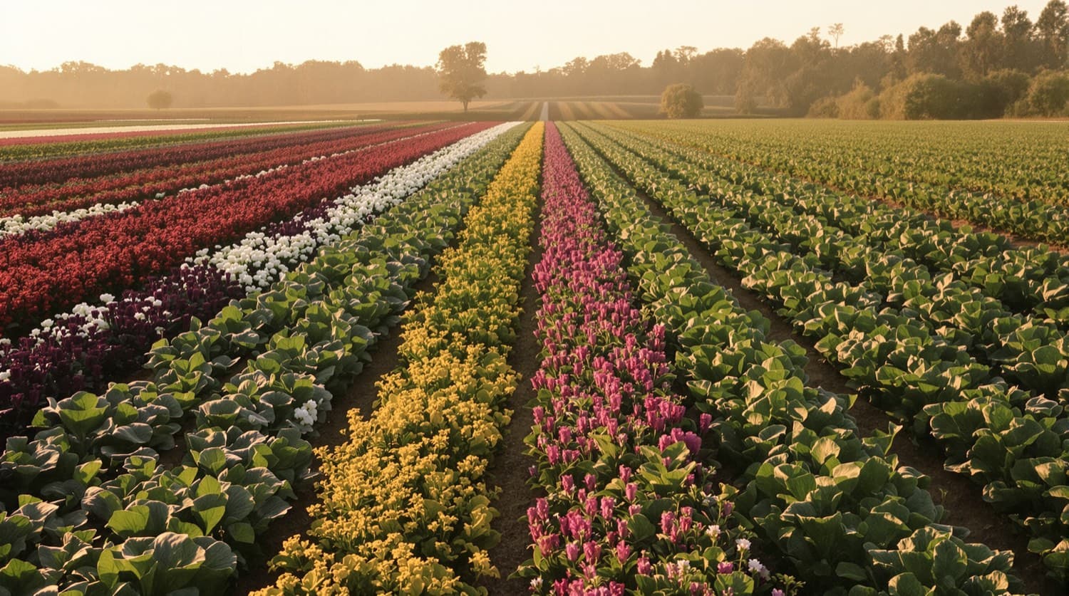 Field strips of vegetables with flower strips between them