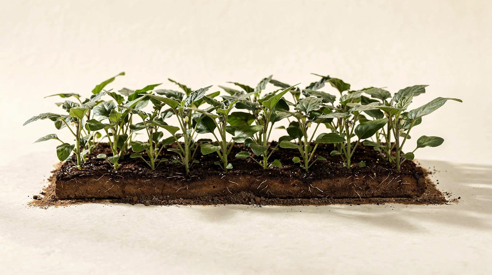 Eggplant plants in a field row