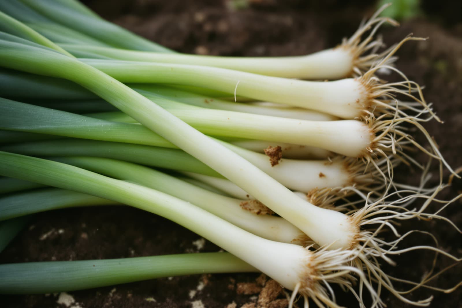 Pulled bunch of green onions with roots