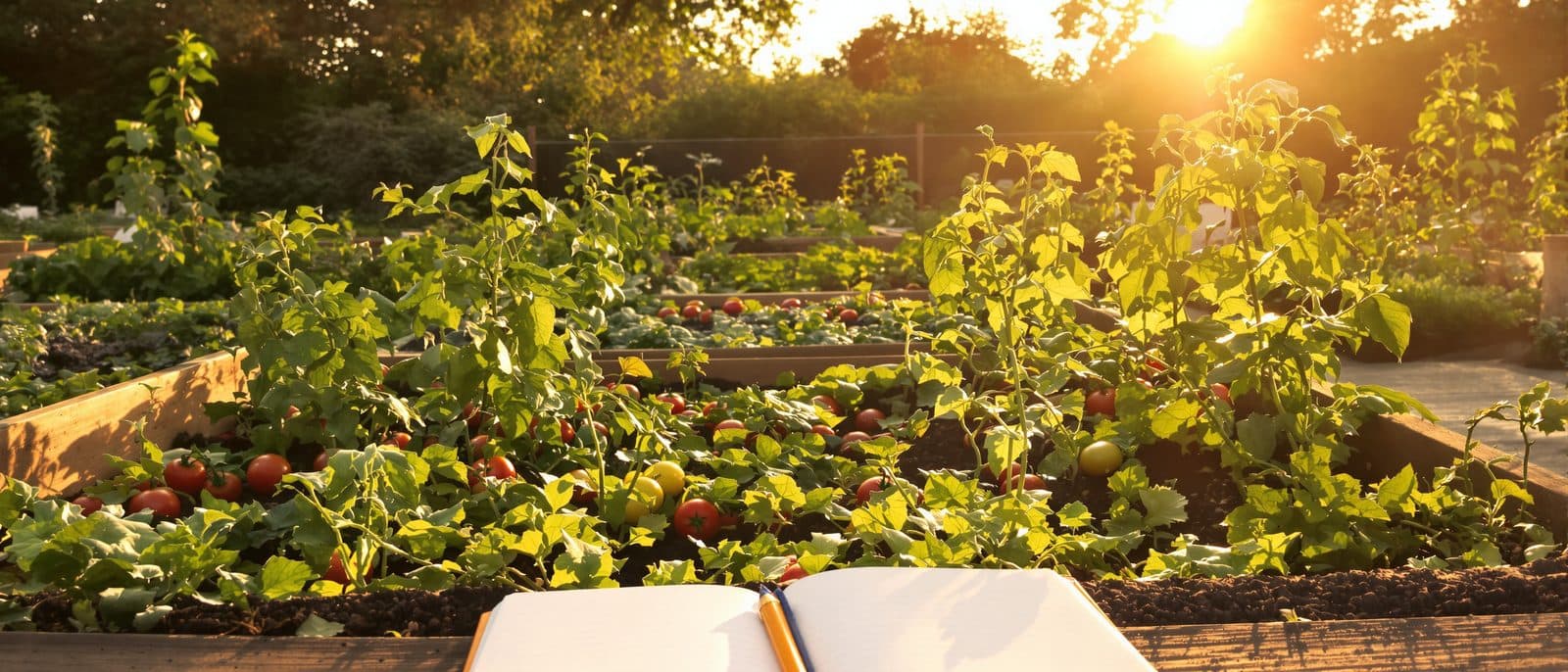 Open field notebook beside garden beds at golden hour