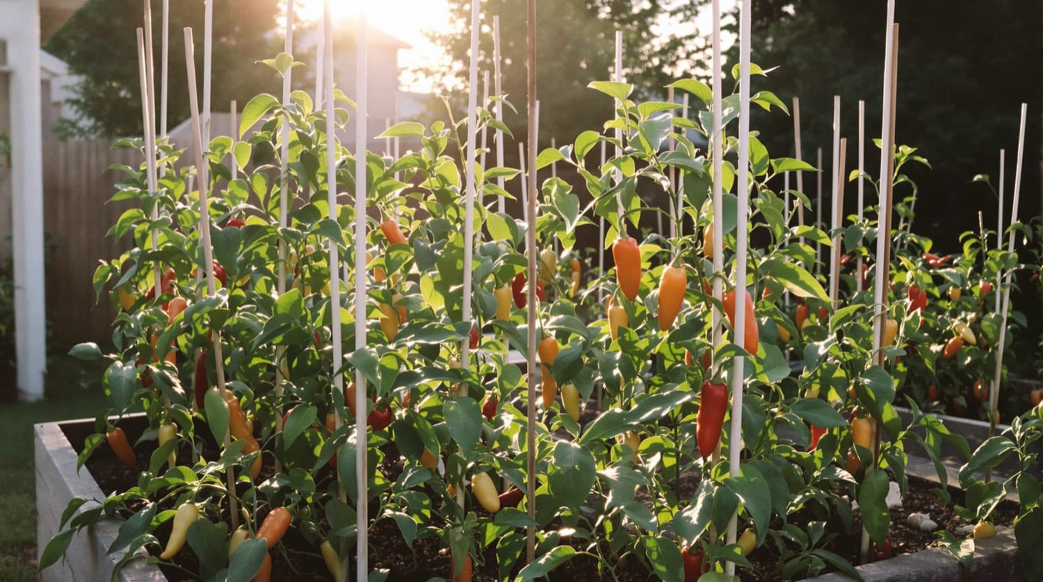 Pepper plants in a home garden bed