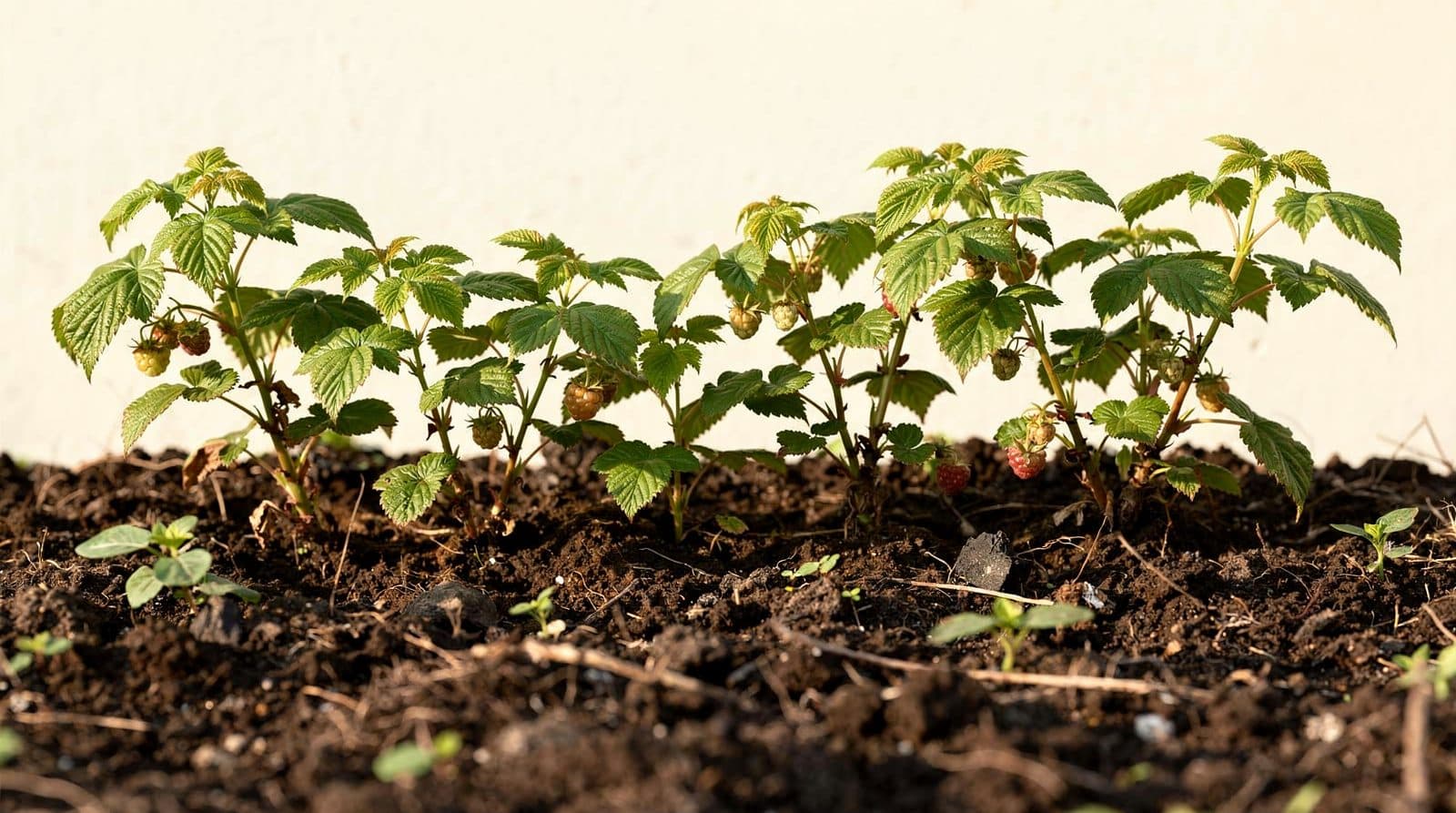 Raspberry plants in a home garden bed