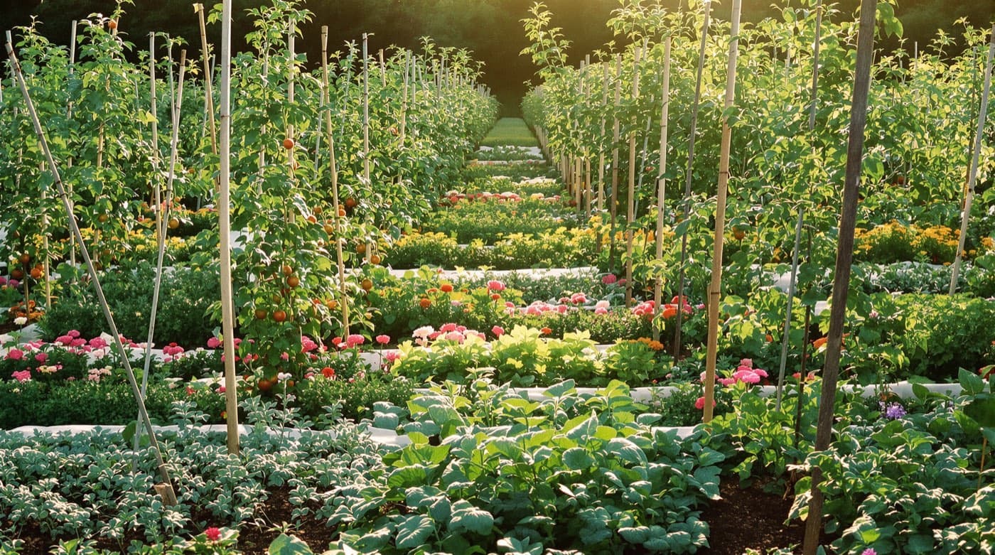 Tomato rows with flower strips in a field