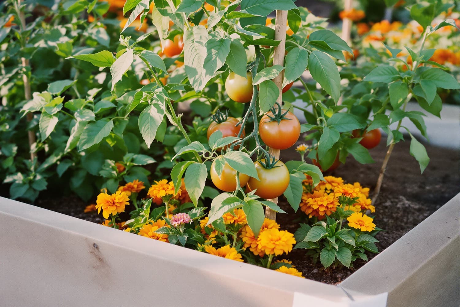 Tomato plant in a garden bed with other plants nearby