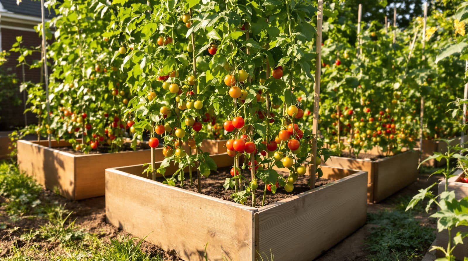 Raised garden beds with tomatoes in a home garden