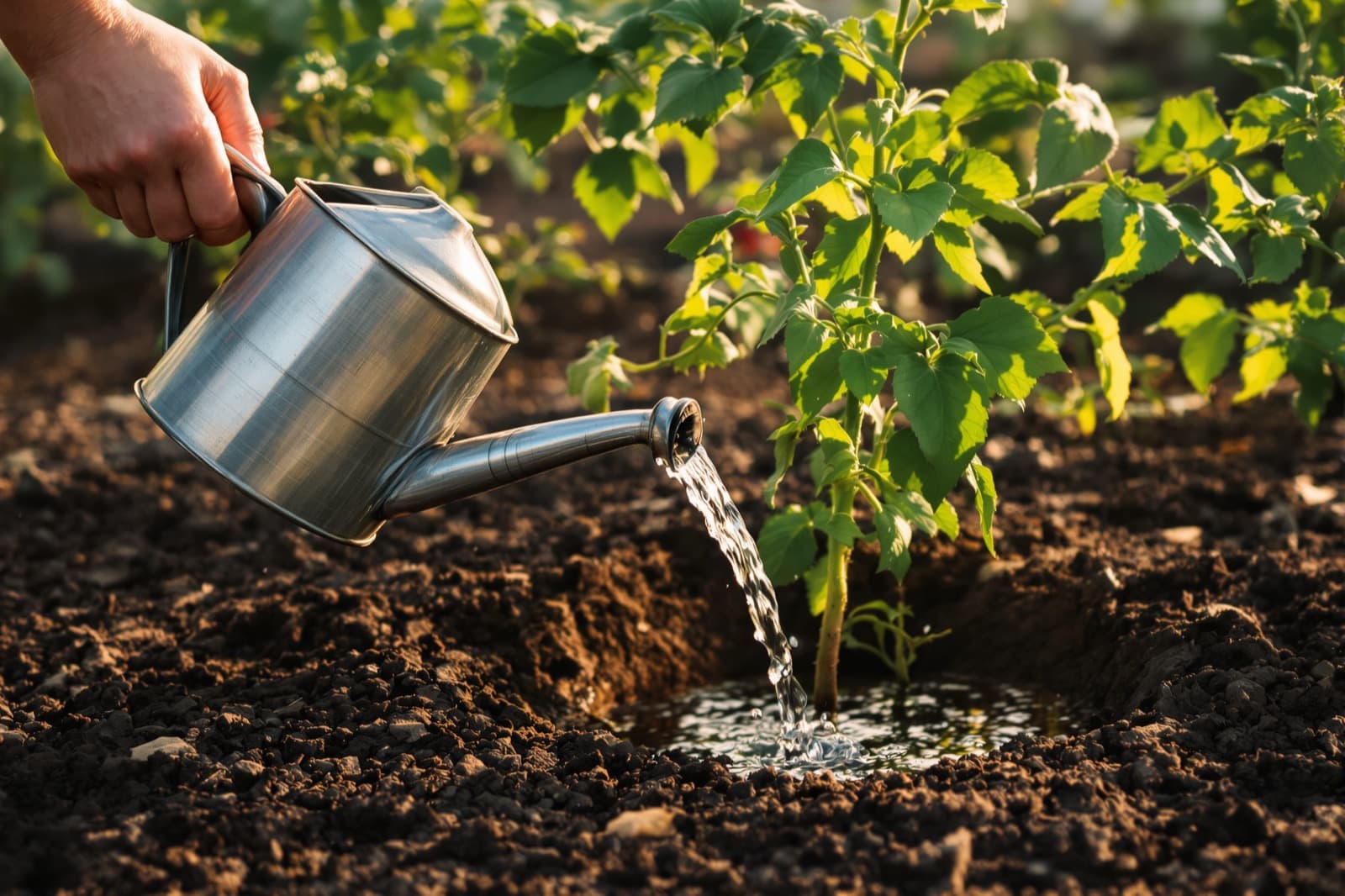 Watering can at the soil around a tomato stem