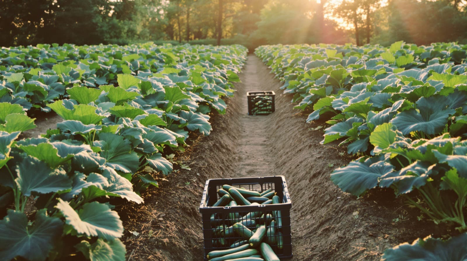 Harvested zucchini in crates